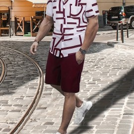 Casual Two-Piece Set, Men's Short Sleeve Shirt & Drawstring Shorts Matching Set For Summer