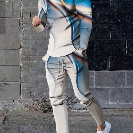 3D Pattern Print, Men's 2Pcs Outfits, Casual Crew Neck Long Sleeve Shirts T-shirt And Drawstring Sweatpants Joggers Set For Summer, Men's Clothing