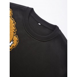 Men's Cartoon Bear Embroidery Crew Neck Sweatshirt, Loose Fit Sports Tops