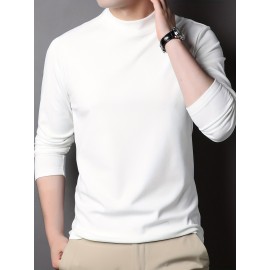 Solid Men's Slim Mock Neck Long Sleeve Active T-shirt Tee, Casual Comfy Shirts For Winter Fall, Men's Clothing Tops