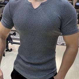 Men's Stylish Solid Shirt, Casual Breathable V Neck Short Sleeve Tee Top For City Walk Street Hanging Outdoor Activities