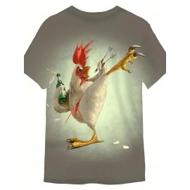 Kung Fu Rooster Pattern 3d PrintT-shirt, Men's Casual Slightly Stretch Round Neck T-shirt For Spring Summer