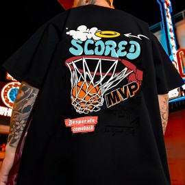 Cotton Blend Cartoon Basketball Print, Men's Graphic Design Crew Neck Novel T-shirt, Casual Comfy Drop Shoulder Loose Tees For Summer, Men's Clothing For Daily Vacation Resorts