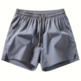 Men's Zipper Pockets Active Shorts, Casual Waist Drawstring Quick Drying Shorts