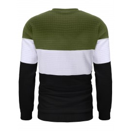 Three Color Block  Trendy Sweatshirt, Men's Casual Classic Design Crew Neck Pullover Sweatshirt For Men Fall Winter