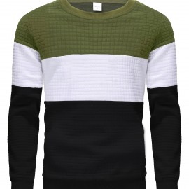 Three Color Block  Trendy Sweatshirt, Men's Casual Classic Design Crew Neck Pullover Sweatshirt For Men Fall Winter