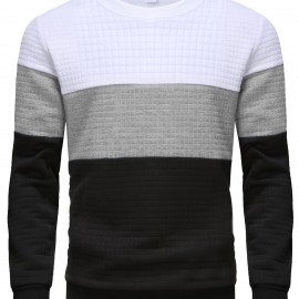 Three Color Block  Trendy Sweatshirt, Men's Casual Classic Design Crew Neck Pullover Sweatshirt For Men Fall Winter