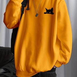 Balck Cat Print Sweatshirt, Men's Casual Graphic Design Slightly Stretch Crew Neck Pullover Sweatshirt For Spring Fall