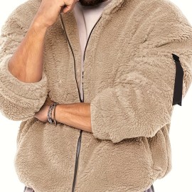 Cool Fluffy Solid For Men, Men's Casual   Polar Fleece Pullover Hooded Sweatshirt With Zipper Streetwear For Winter Fall, As Gifts