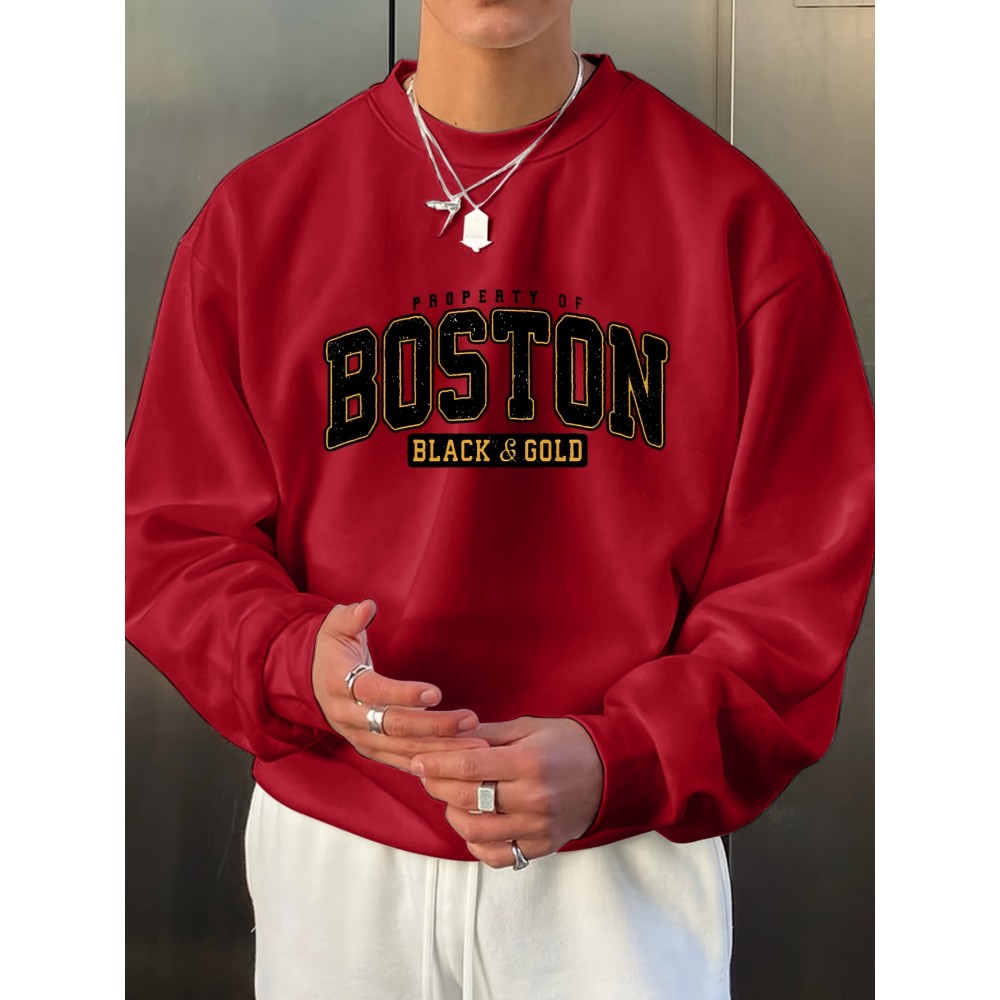 BOSTON Print Fashionable Men's Casual Long Sleeve Crew Neck Pullover Sweatshirt,Suitable For Outdoor Sports,For Autumn Spring,Can Be Paired With Hip-hop Necklace,As Gifts